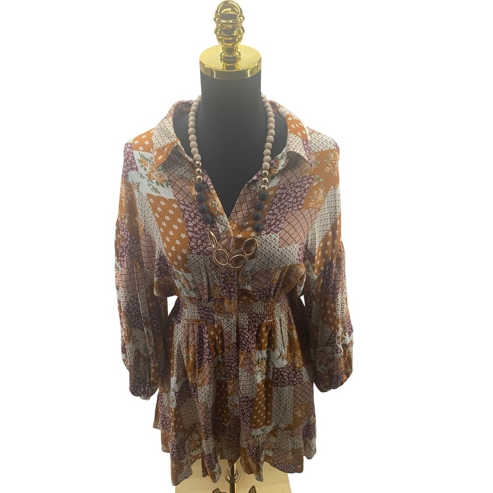 Meritt Patchwork Floral Mini Dress Mustard Burgundy Boho Smocked Waist Medium